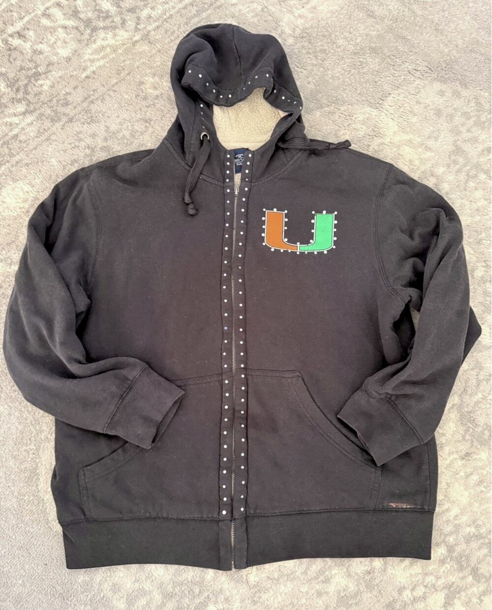 Y2K University of Miami Hurricanes Hoodie Jacket Bling “Sherpa” Lined Women's L